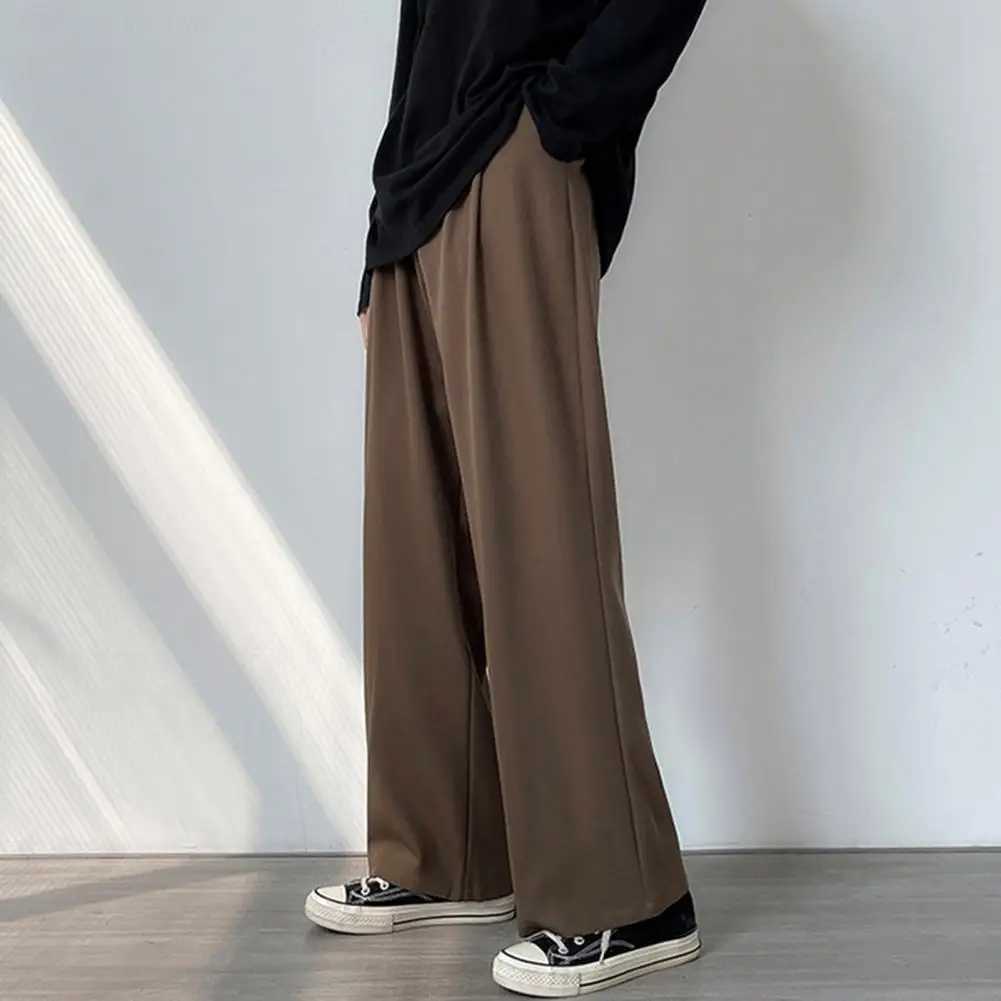 Mens Pants Loose Straight Wide Leg Solid Color Elastic Waist Match Top Breathable Mid Waist Mens Trousers Mens Clothes W250225