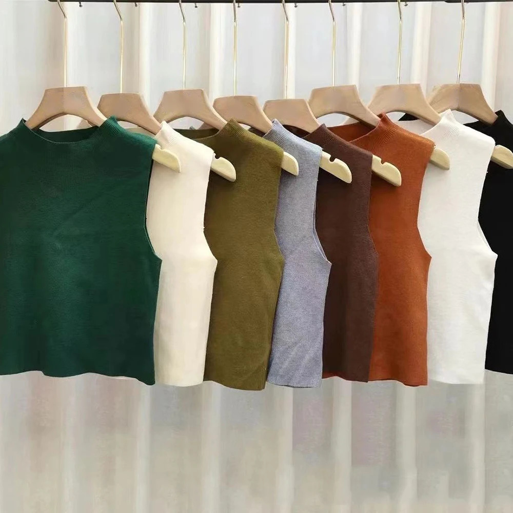 Womens Vest Tank Top Solid Color Knitted Tees T-Shirt Top Cropped Top Camisole Sweater Half-turtleneck Spring Autumn Sleeveless 250224