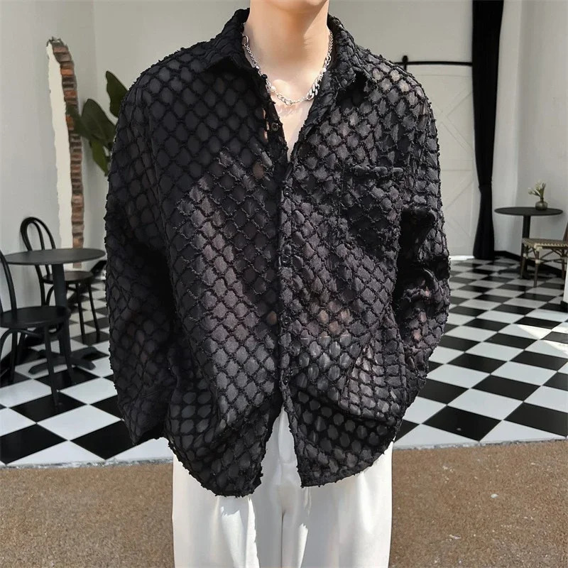 Transparent mens hollow solid retro Korean retro absolute long sleeved spring and summer fashion street 250222