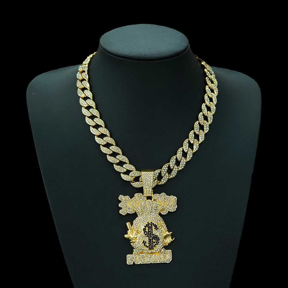 2024 New style d out 15mm big cuban chain punk alloy and fl bling rhinestone cartoon money bag pendant necklace X250224