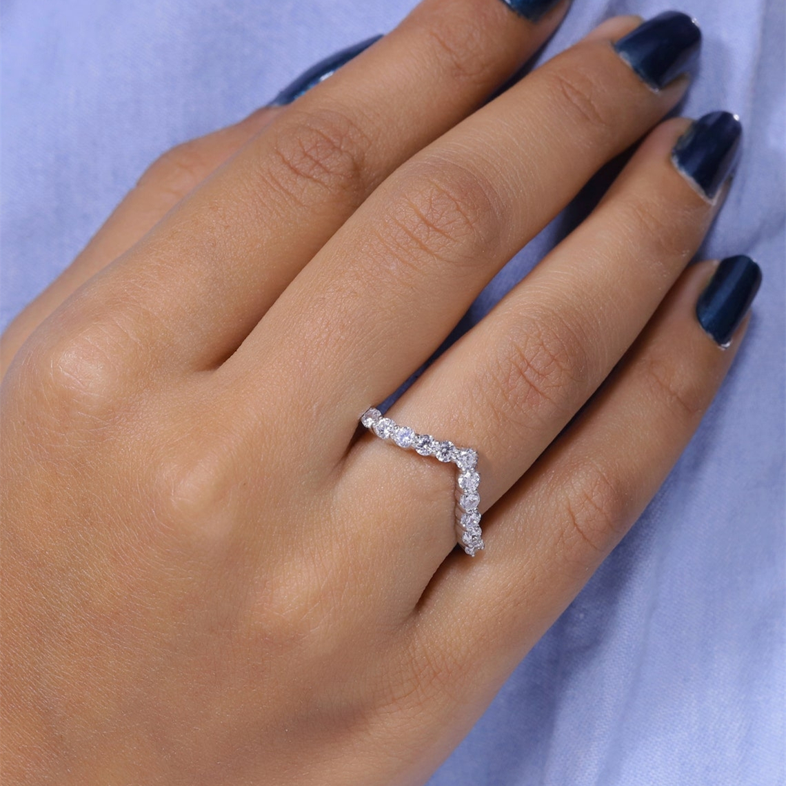 Jewelry 18K White Gold Vintage Style V Shape Lab Grown Diamond Round Cut 0.50ct Wedding Ring 14K Gold Ring Half Set Ring Band