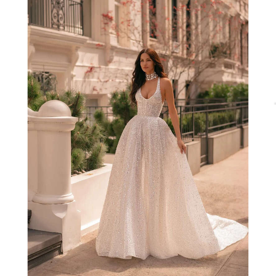 Berta A E Dresses Bridal Gowns V Neck Sparkly Sequins Wedding Dress Plus Size Ruched Sweep Train Backless Vestidos De Novia