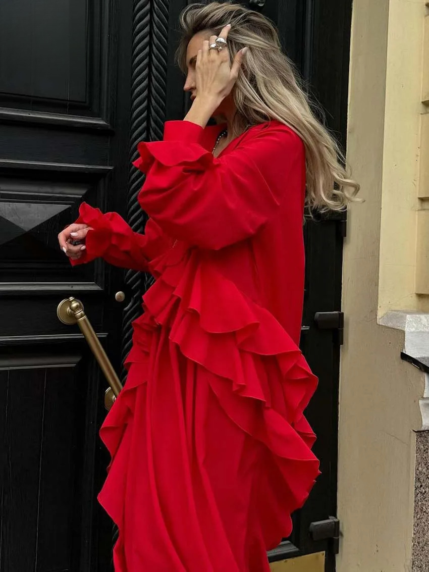 Fashion Red Loose Women's designer clothing Elegant Ruffled V-Neck Long Sleeve Dresses Casual Side Slit Ankle-Length Dress Streetwear