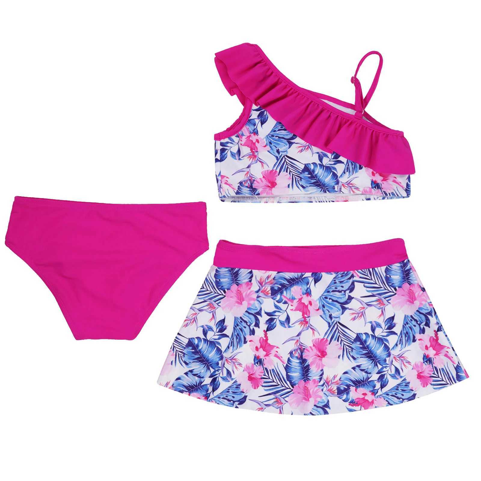 3Pcs Swimsuit Girls Oblique Cut Out Shoulder Swimwear Beachwear Crop Tops with Bikini Briefs and Skirts Tankini Bathing Suit X250224