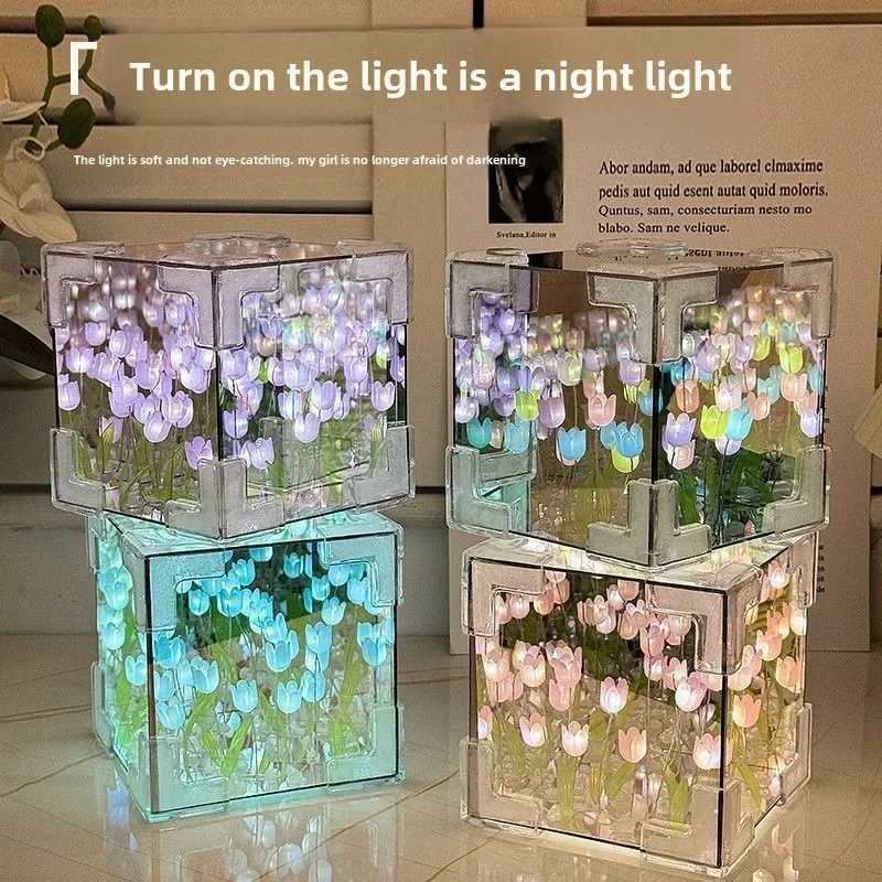 Hot Tulip Nightlight Handmade DIY Material Cube Tulip Mirror Bedroom Decor Atmosphere Lamp Valentines Day Birthday Gift Z250225