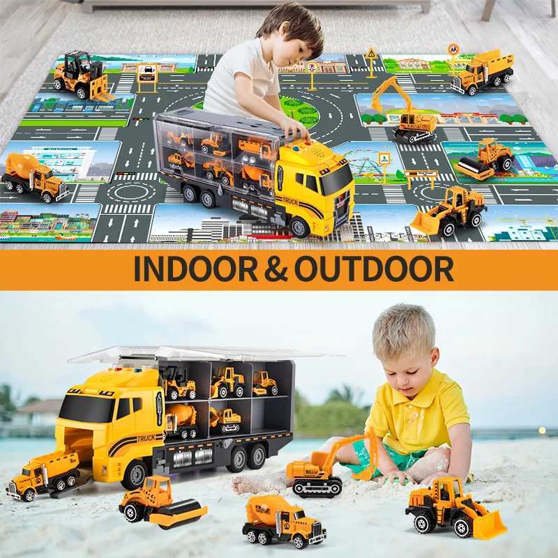 Big Construction Container Transporter Playset With 6PCS Mini Vehicle Carrier Truck Engineering Car Model Toys For Kids Gifts Free shipping