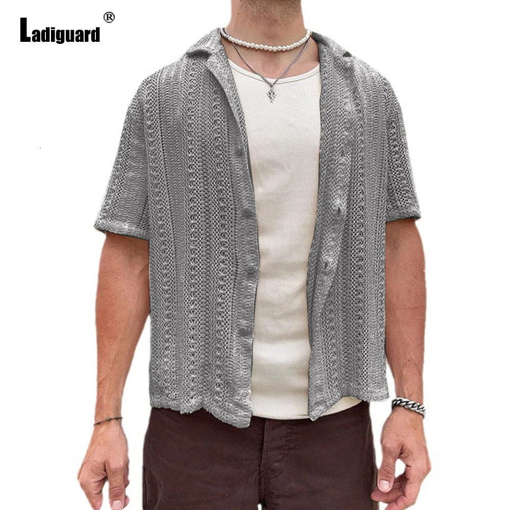 Europe Summer Knitting Blouse Solid White Hollow Out Shirt Mens Casual Beach Top Cardigans Lepal Collar Knitwear 250222
