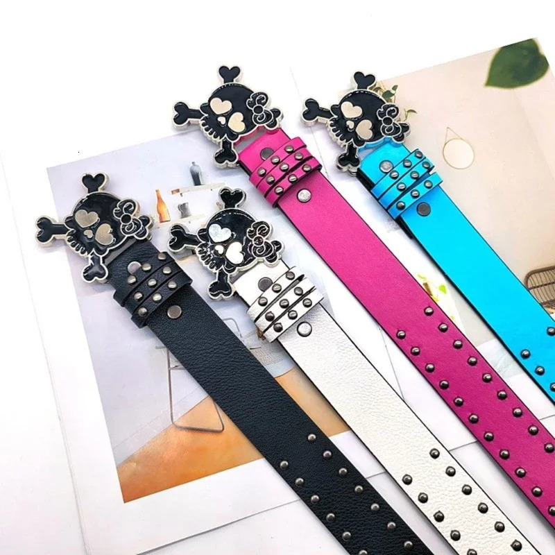 Women PU Belt Skull Buckle Waist Belt Subcultures Rivets Studded Waistband 2000s Jeans Pants Belt Girl Waistband 250221