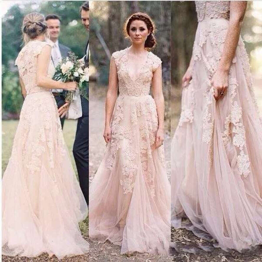 Cheap Blush Pink Country Beach A E Wedding Dresses V Neck Lace Appliques Champagne Tulle Long Sweep Train Reem Acra Formal Bridal Gowns