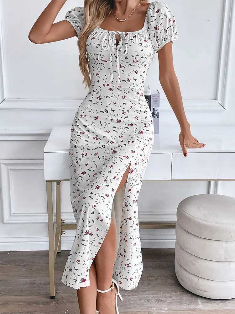 Women New Dresses Summer Fashion Print Short Sve Split Casual Slim Dress Club Party Ele Lady Hollow Out Dresses ClothingXJ250224