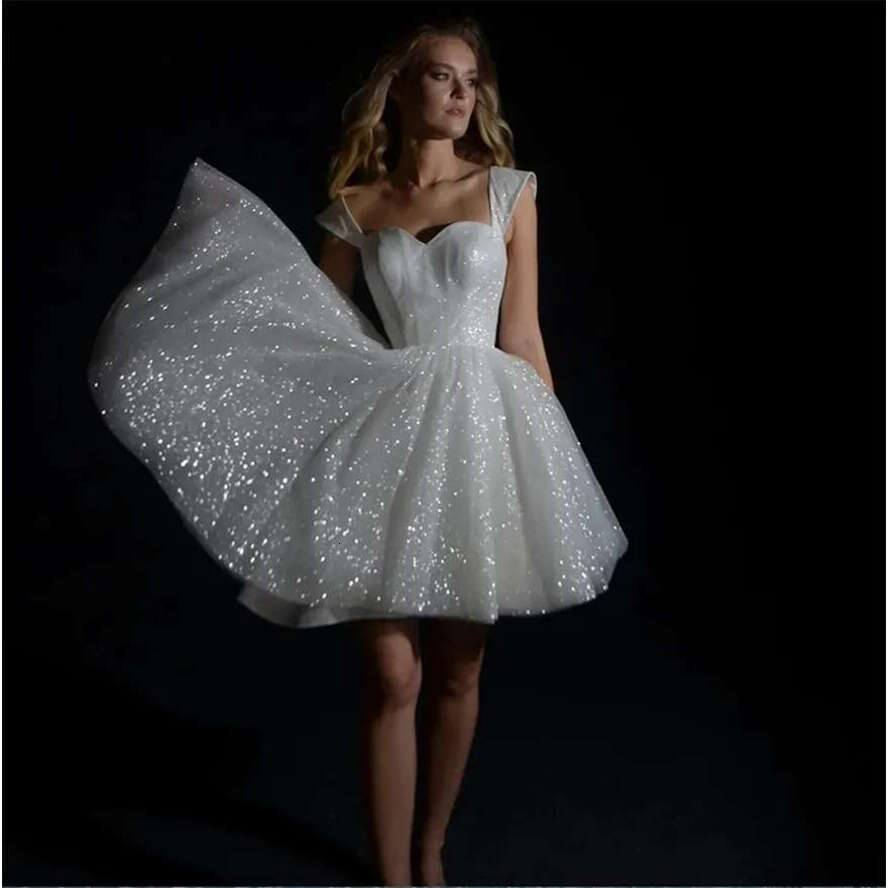 White Mini Graduation Dresses For Women Sparkg Tulle A-E Vestidos De Novia Princesa Sweetheart Off Shoulder Bride Party Homecoming Dress