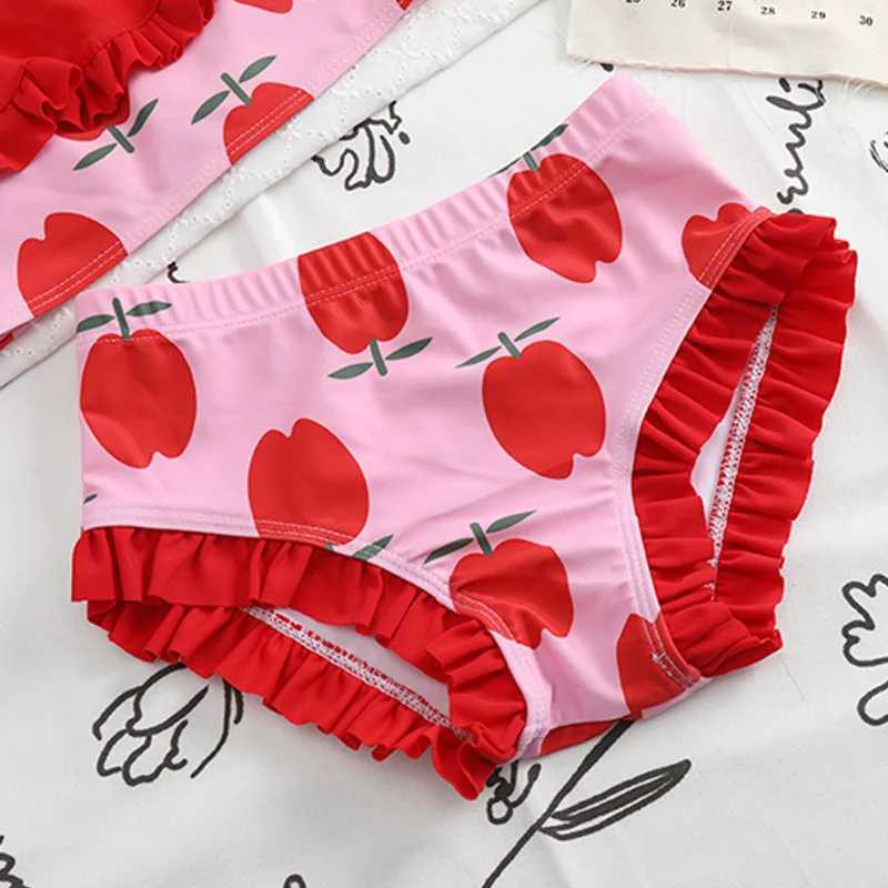 Infant Baby Girl Swimsuits Cute Apple Print Summer Sling Strap Crop Tops+Ruffle Tutu Shorts Toddlers Swimwear Beachwear with Cap X250224