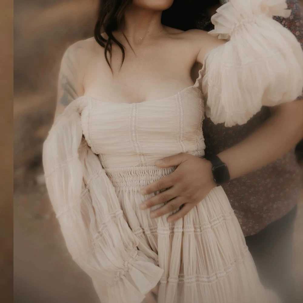 Womens photography dress almond elegant chiffon lace long sleeved dress two-piece set for pregnant womens photo shoot X250224