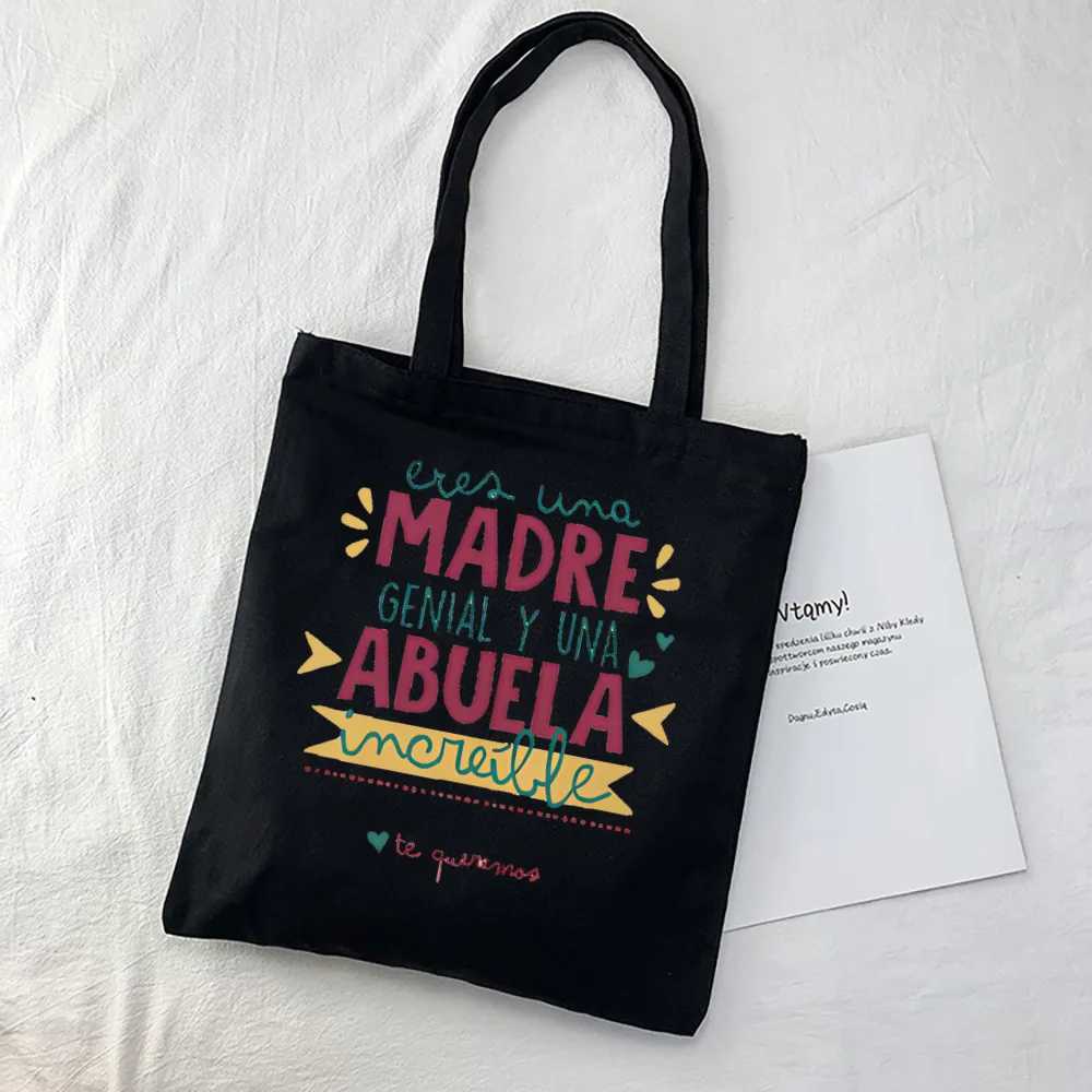 Abuela Letter Print Handbag Canvas Large Capacity Shopping Bag Portable Casual Fashion Handbag Mothers Day Gift Z250224