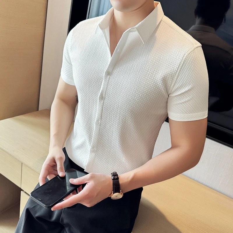 High End Waffle Shirt Mens Clothing 2024 Summer No Ironing Business Social Shirts For Men Short Sleeve Casual Dress Slim 250222