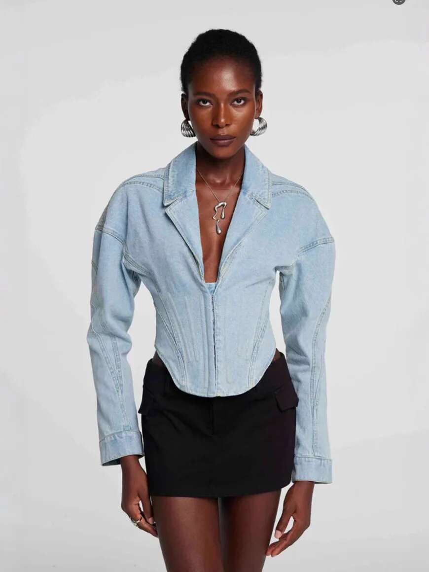 Getspring Women Jacket 2025 Spring Vintage Long Sleeve Fishbone Slim Fit Blue Short Denim Coat All Match Fashion Jean Tops