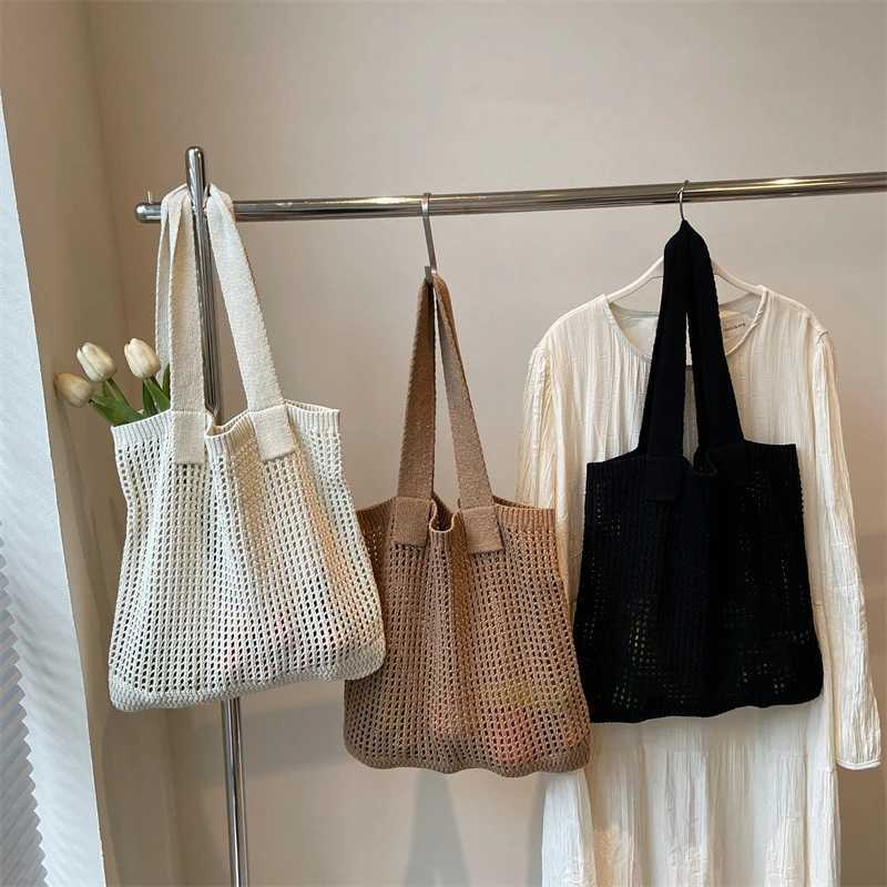 Women Solid Color Knitting Shoulder Bag Aesthetic Hobo Bag Large Capacity Crochet Tote Bag Ladies Daily Handbag