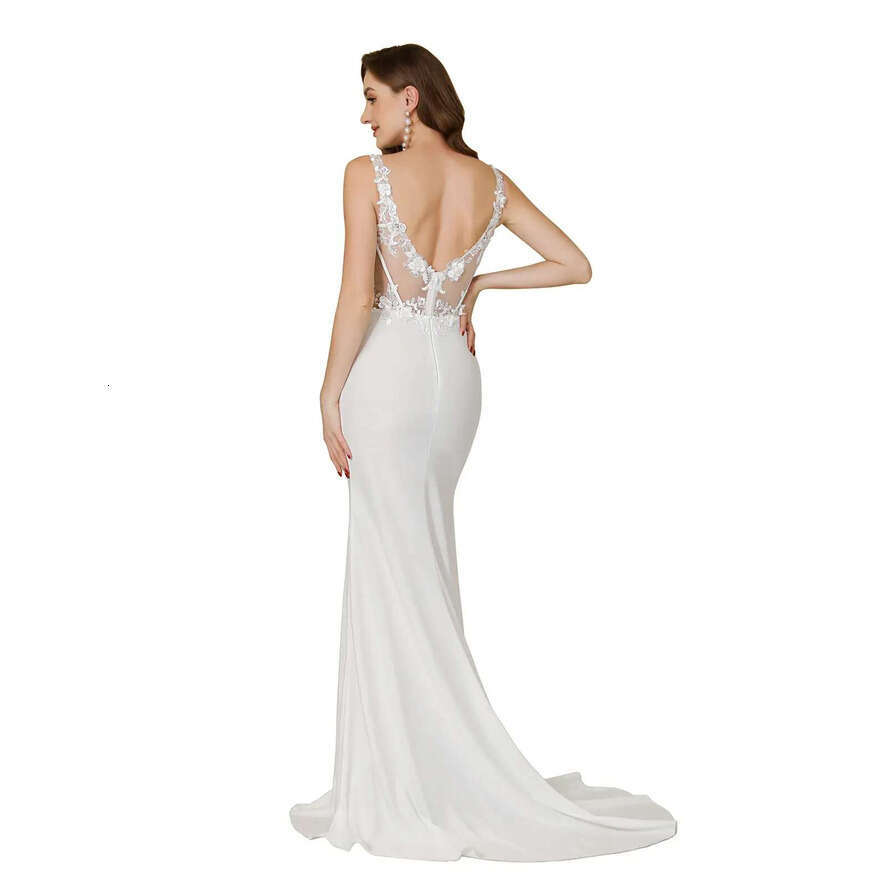 Sexy Backless Mermaid Wedding Dresses Deep V Neck Appliques Ivory Bridal Gowns Sweep Train Robes Under