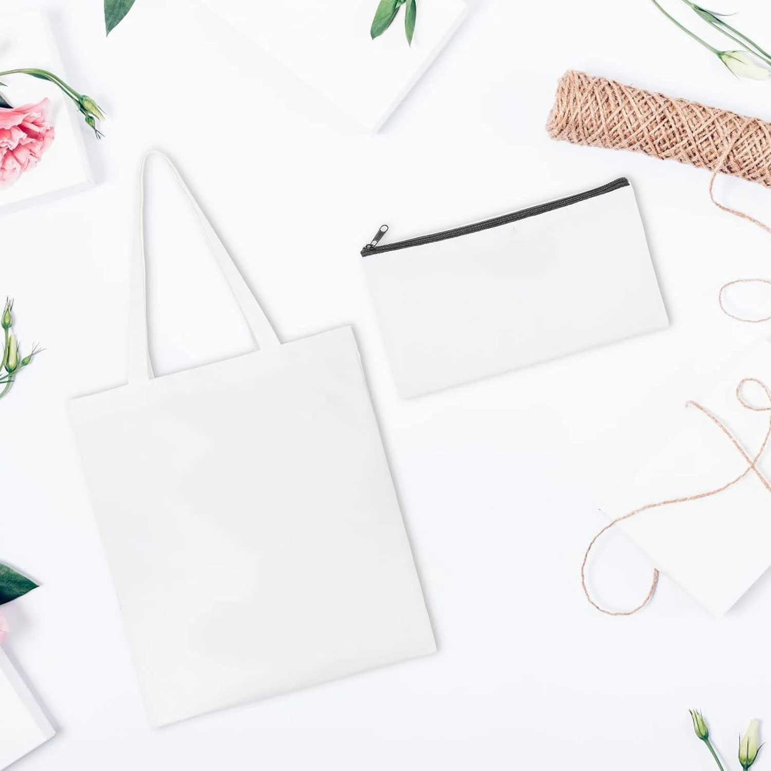 DIY White Sublimation Tote and Cosmetic Bag Pencil Case- Reusable Canvas Grocery Bag with Zippered Makeup Pouch Z250224