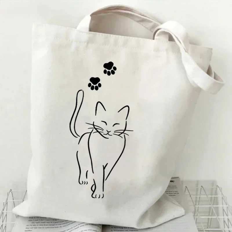 FAshion Canvas Tote Bag Cup of Black Print Large Capacity Teen Shoulder Shopping Bag Cartoon FAshion Kitten Womens Handbags Z250224