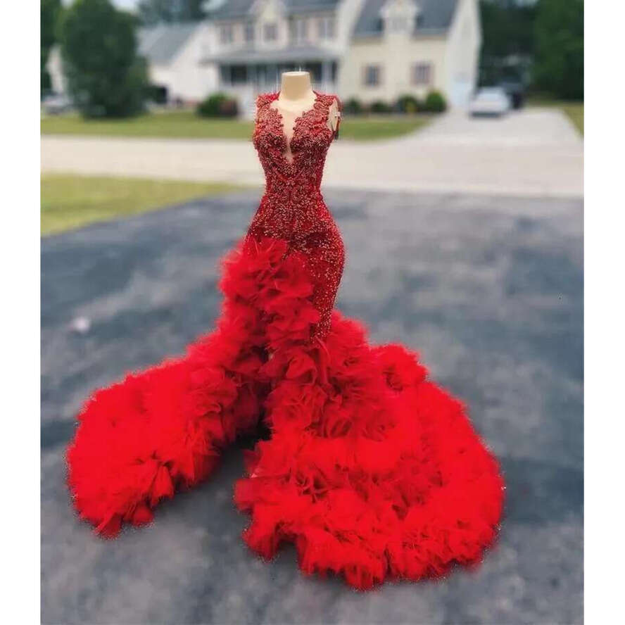 Long Red Prom Dress For Black Girls Mermaid Beaded Crystal Ruffles High Slit Evening Gown Birthday Party Gala Dresses Customized