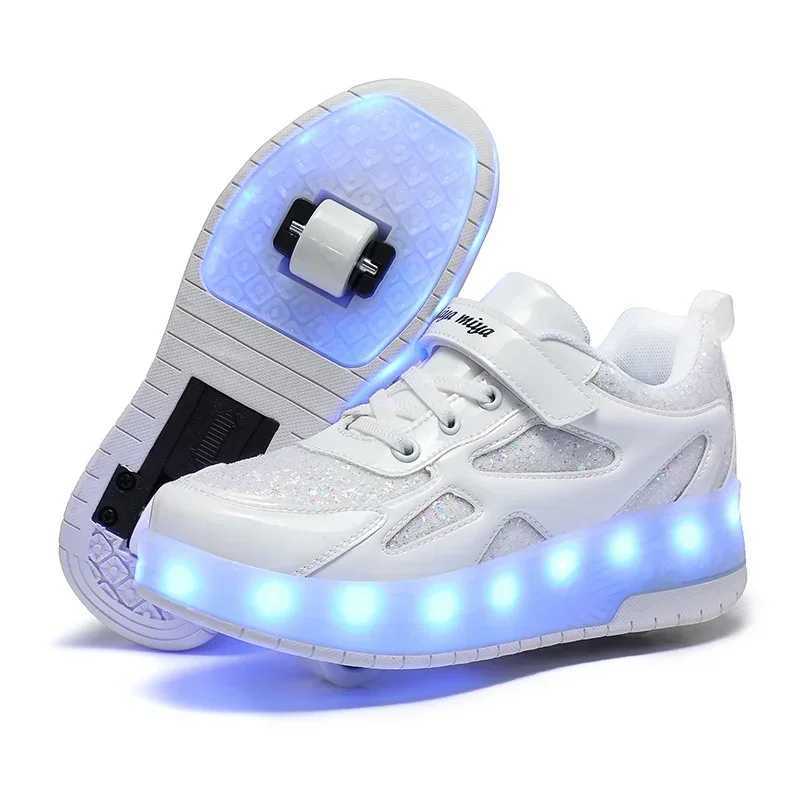 Childrens dual wheel luminous sports shoes pink LED light heel roller skating shoes childrens LED shoes boys USB charging W250225