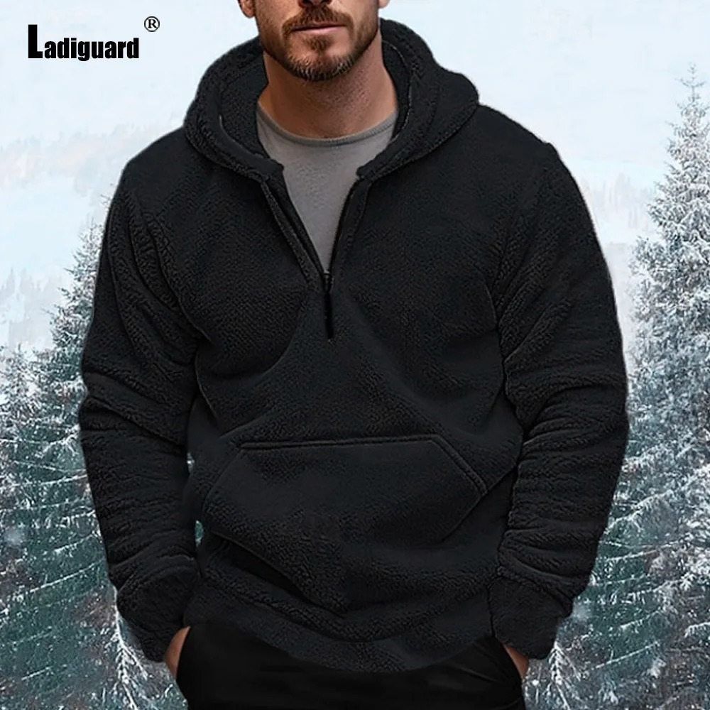 Winter Casual Plush Hoodies Mens Stand Pocket Sweatshirts European Style Fashion Zipper Sweatshirt Men Vintage Pullovers 250224