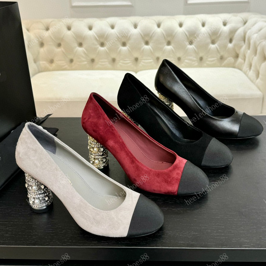 Designers Dress Shoes for womens Luxury Fashion Pearl heel Pumps Chunky Heels women shoe 9CM High heeled top quality Round Toes ladies shoe 35-41