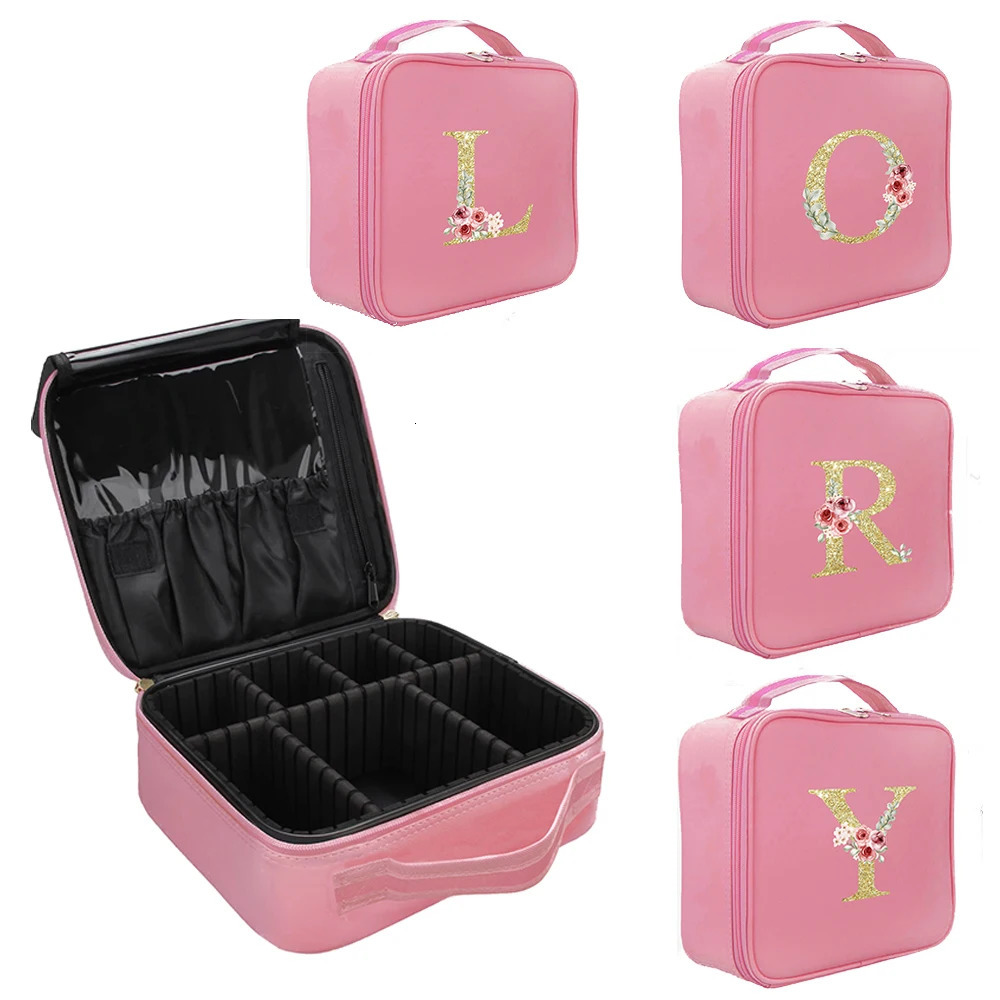 Gold letter print and pink case with adjustable divider travel makeup bag large professional portable makeup organizer 250224