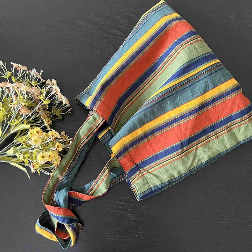 Womens Canvas Shoulder Bag Rainbow Striped Linen Shopping Bag Eco Large Capacity Handbag Tote for Girls Christmas Gifts Z250224