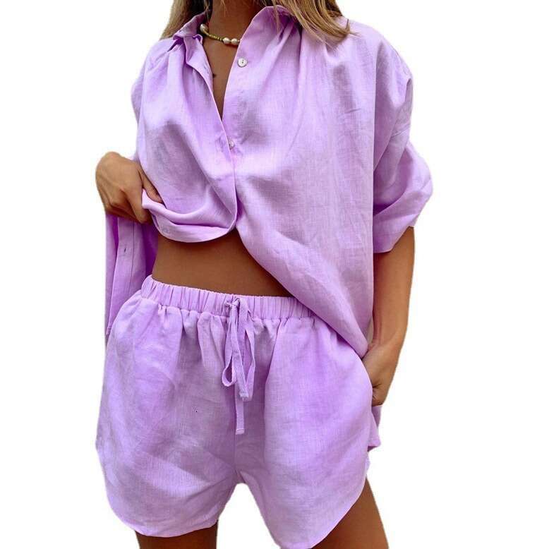 Summer New Women's Solid Color Single Breasted Short Sleeved Shirt Two-Piece Set With Wide Leg Pants And Lace Up Shorts