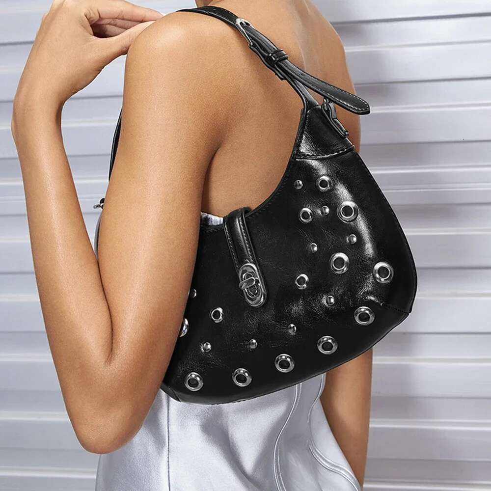 Rivet Handbags Half Moon Underarm Bags For Women Designer PU Leather Crescent Shoulder Bag Black Purses NEW