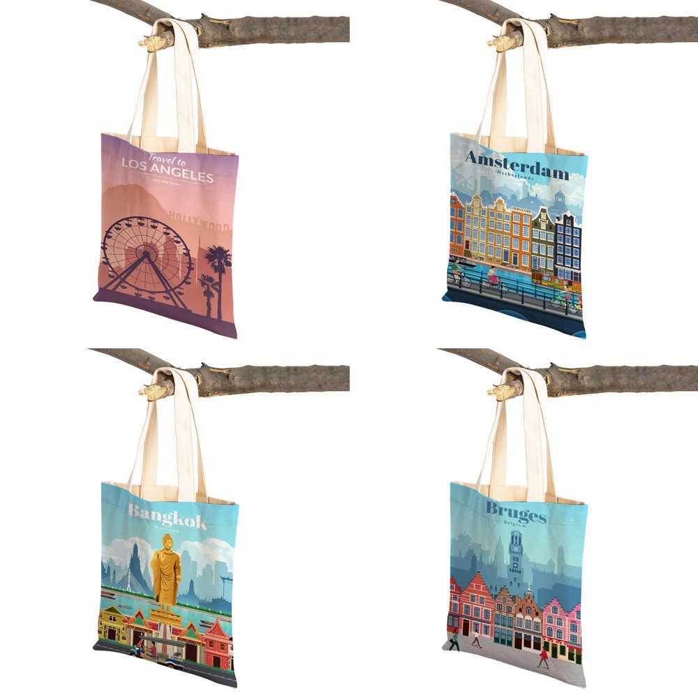 Fashion City Map London New York Paris Spain Shopping Bag Handbag Womens Handbag Casual Canvas Womens Shopping Bag on Both Sides Z250224