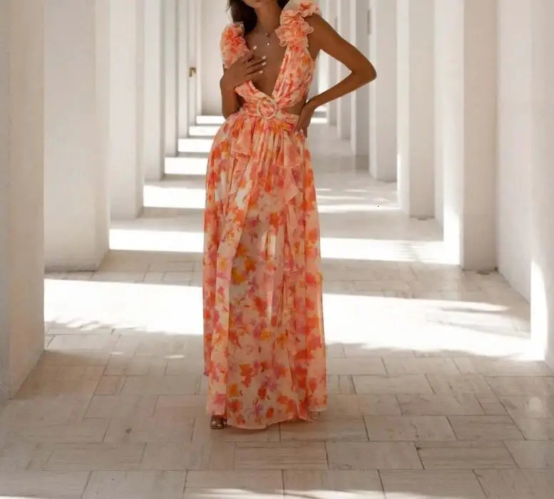 Fashion Sleeveless Hollowed Out Slim Fit Vneck Ruffle Trimmed Floral Backless Dress For Women3 Colors 250225