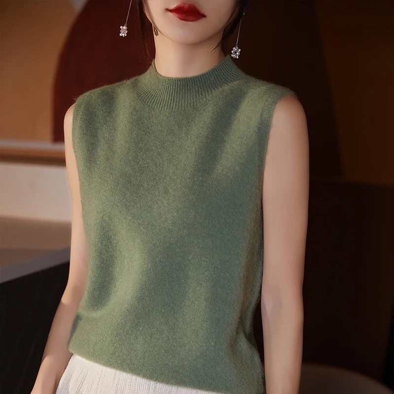Women Sleeveless Tank High Quality Wool Knit Vest Tops All Seasons Half High Collar First-Line Ready-To-Wear Soft Solid Camisole 250224