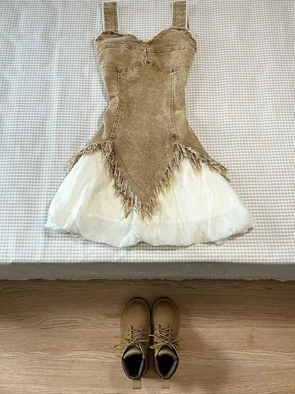 Short Skirt Two Piece Maillard Color Irregular Raw Edge Suspender Denim Top Summer Waistless Half Length Princess Skirt 250224