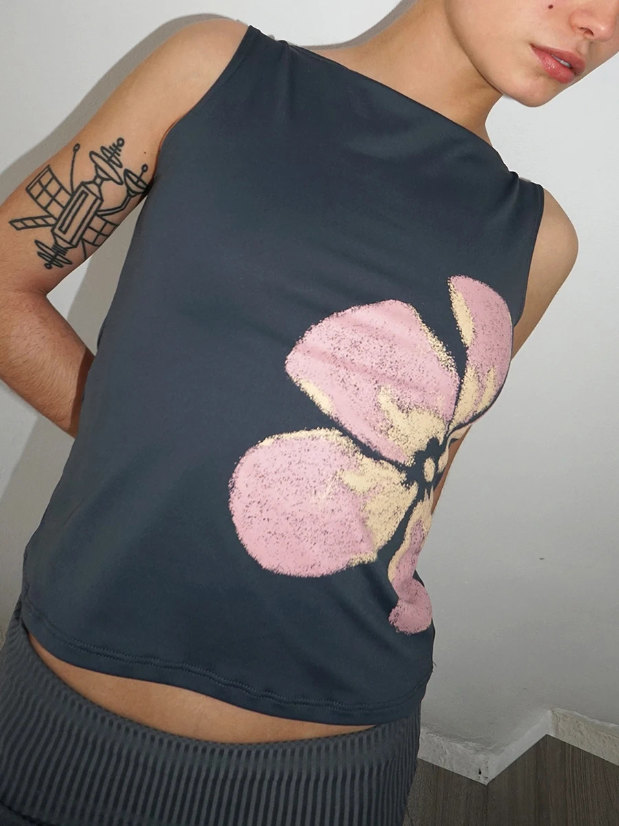 2024 Fashion Womens Crop Tank Tops Fitted Flower Print Boat Neck Sleeveless Summer Tops for Party Club 250224