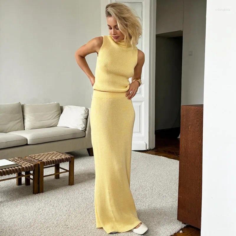Work Dresses Tuularose Elegant Long Skirt Two-piece Set Women's Sleeveless Knitted Turtleneck Vest Slim 2025 Fashion
