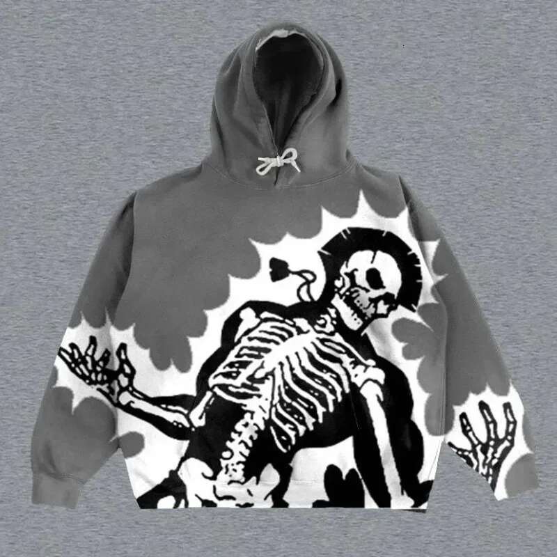Explosions Printed Skull Y2K Retro Coat Street Style Gothic Casual Fashion Hooded Sweater Men's Haruku Female