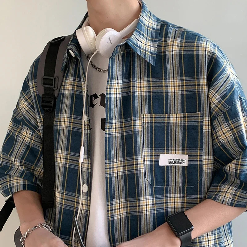 Y2k Streetwear Plaid Men Shirts Summer Fashion Chemise Homme Fashion Mens Checkered Shirts Short Sleeve Men Blouse 250220