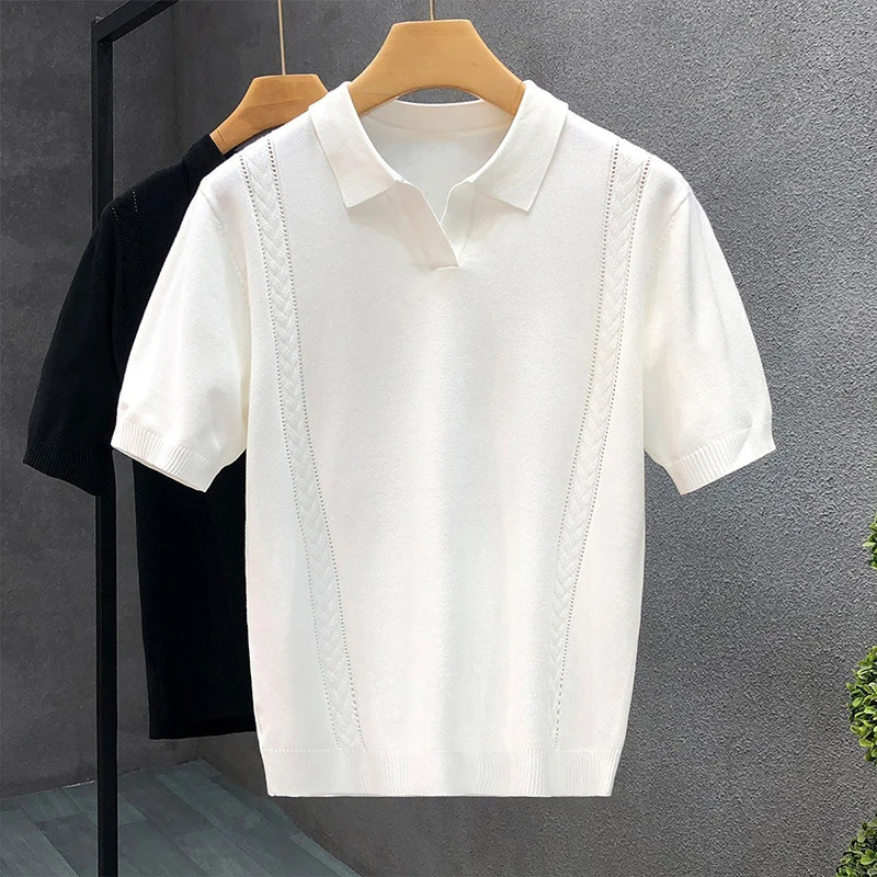 Summer Mens Clothing Knit V Neck Short-sleeved Polo Shirt Solid Color Leisure Korean Breathable Slim Knitwear 250224
