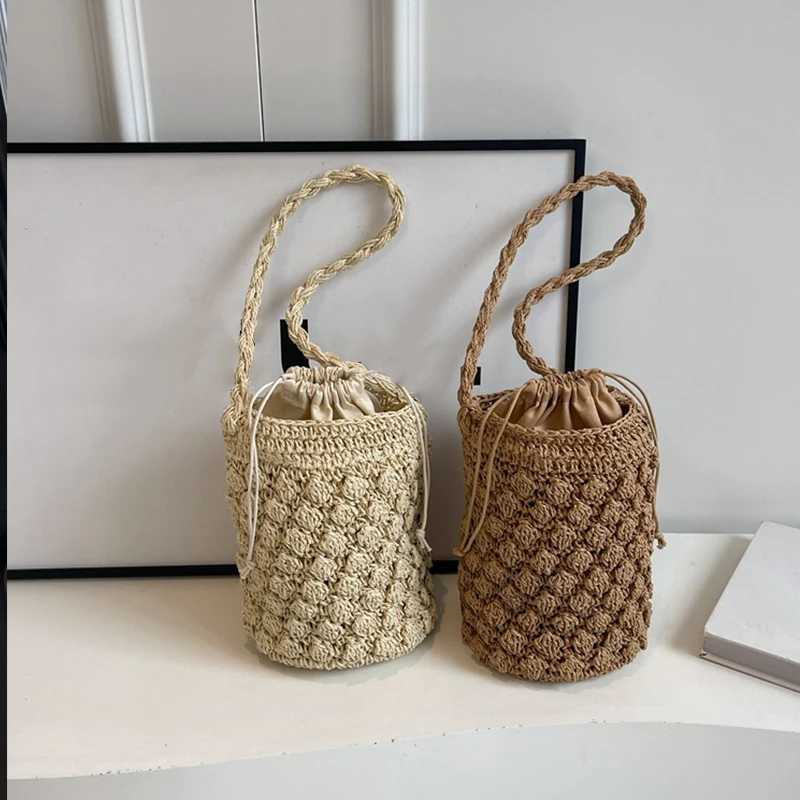 Handmade Woven Bucket Bag for Women Bohemian Shoulder Bags Knitted Summer Straw Beach Bag Female Round Cut Out Handbags