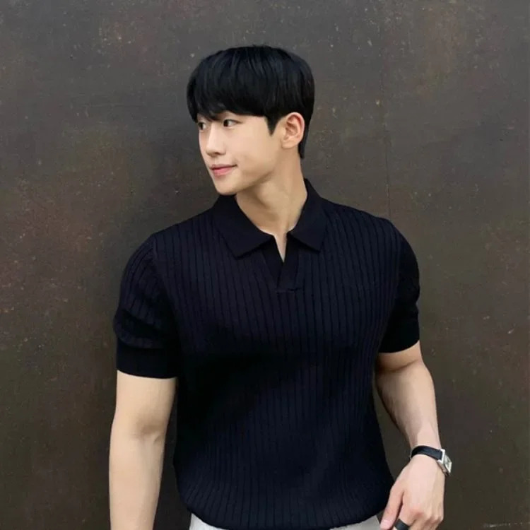 Trendy Polo Shirt For Men Summer Solid Color Top Versatile Knit Style Korean Short Sleeves Casual Fashion T-shirt 250318