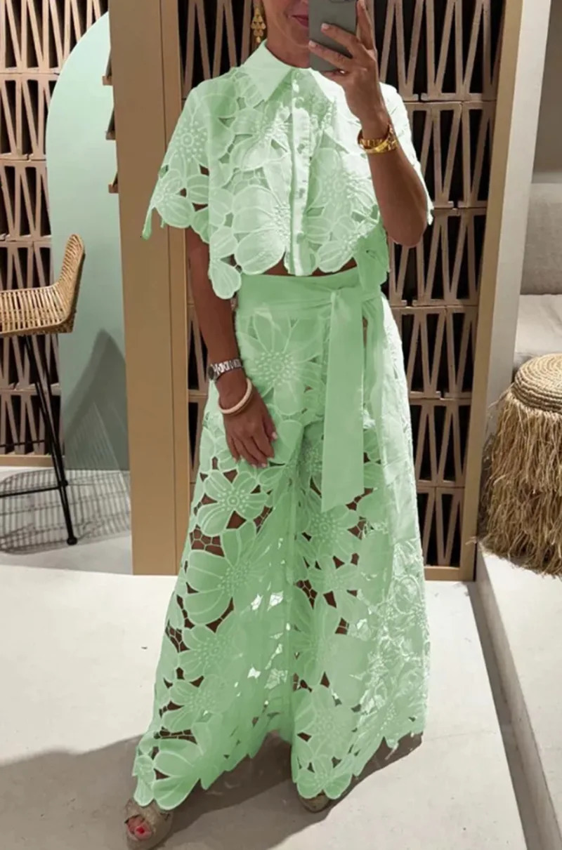 Elegant Lapel Half-sleeved Crop Top Wide-leg Pants Sexy Hollow 2-piece Set Women Fashion Spring Solid Color Loose Suit Female 250224