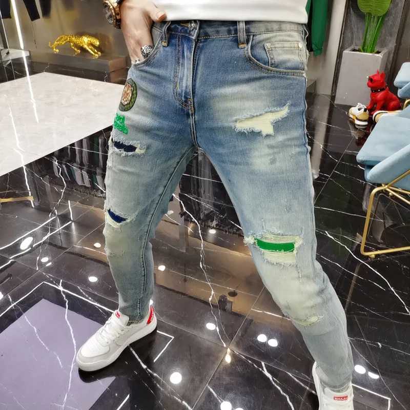 Men's Jeans New Mens Ripped Splice Jeans Embroidery Skinny Pants High Quality Slim Vintage Blue Hip Hop Jeans Streetwear Mens Denim Trousers z250