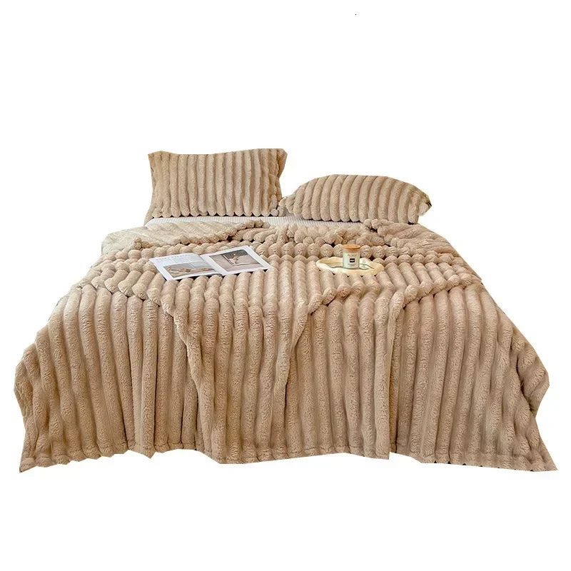 Ultra Soft Faux Rabbit Fur Throw Blanket Warm Plush Striped Blankets Conditioning Quilt Fluffy Throws for Couch Chair Sofa 250218
