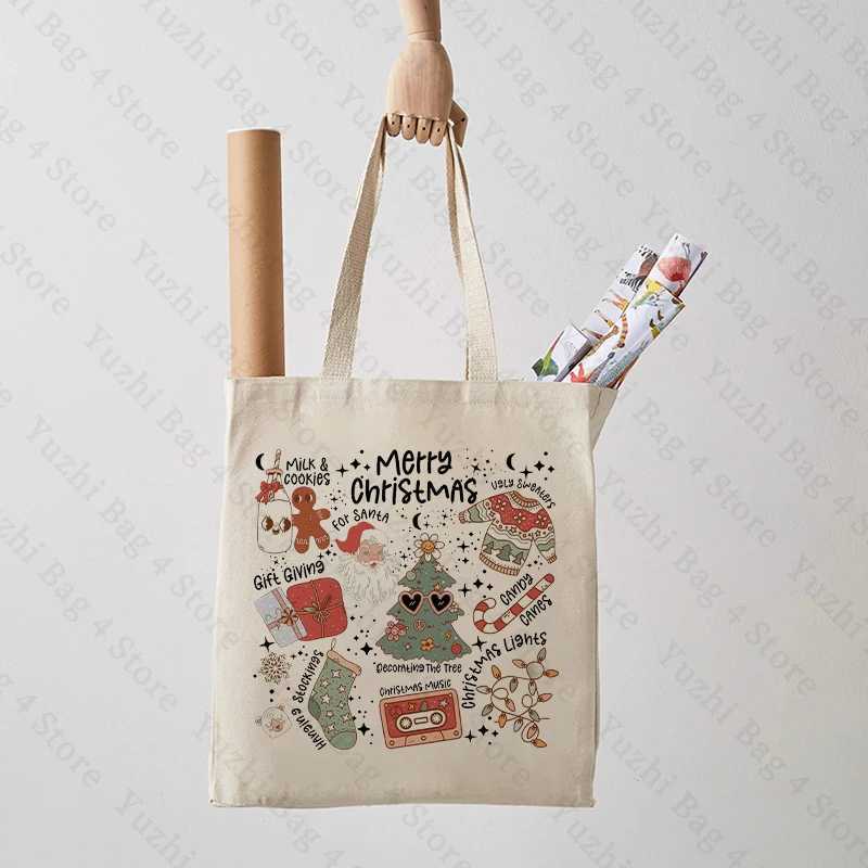 Merry Christmas Pattern Canvas Tote Bag Santa Claus Christmas Elements Graphics Best Gift for Xmas Womens Reusable Shopping Bag Z250224