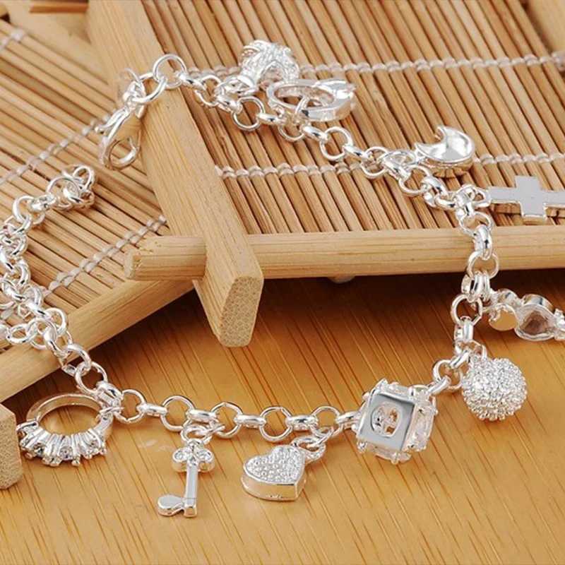 925 Sterling Silver Fashion 13pcs Pendant Chain Charm Bracelet for Women for Teen Girls La Gift Women Fine JewelryXJ250225