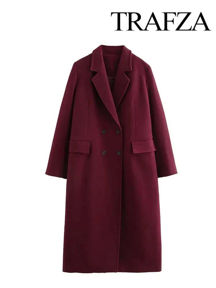 Winter Fashion Bury Wool Long Knitted Lapel Double-Breasted Elegant Women's Pocket Coat Street Wear