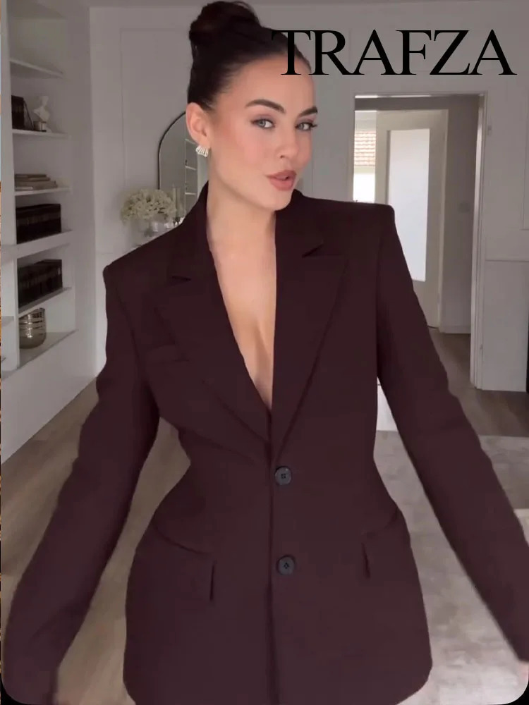 TRAFZA Women Fashion Suits Brown TurnDown Collar Long Sleeves Single Breasted BlazerHigh Waist Zipper Skirt Female Spring Sets 250222